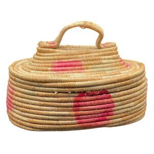 Handwoven Native American Seagrass Lidded Basket With Handle 11"W x 7"H